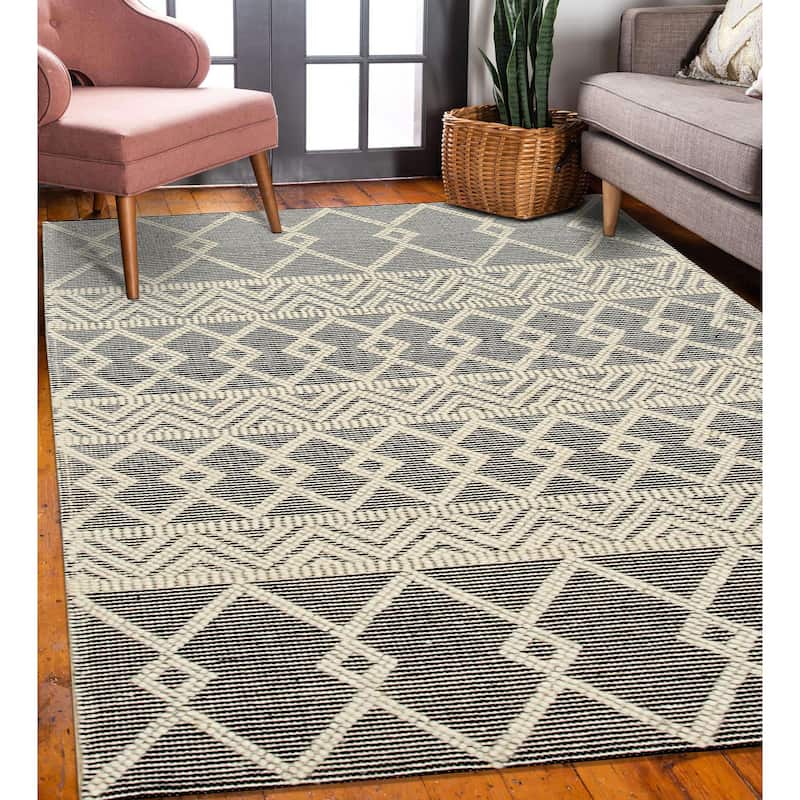Handwoven Wool Black Contemporary Geometric Durrie Kilim Rug - Modern Artistry and Timeless Craftsmanship - 9' x 12'