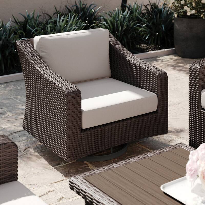 Martha Stewart Outdoor Rattan Wicker Swivel Chair with All-Weather Cushions - 34"D x 32"W x 30"H