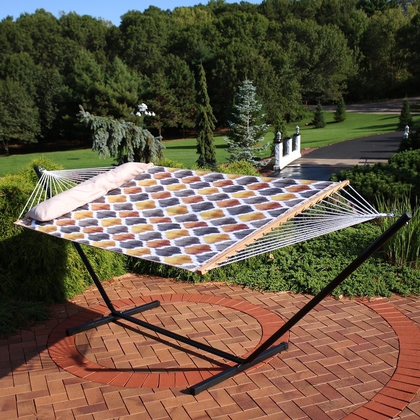 Sunnydaze Double Quilted Hammock and 12-Foot Stand - Gold/Bronze Quatrefoil - Hammock & 12-Foot Stand
