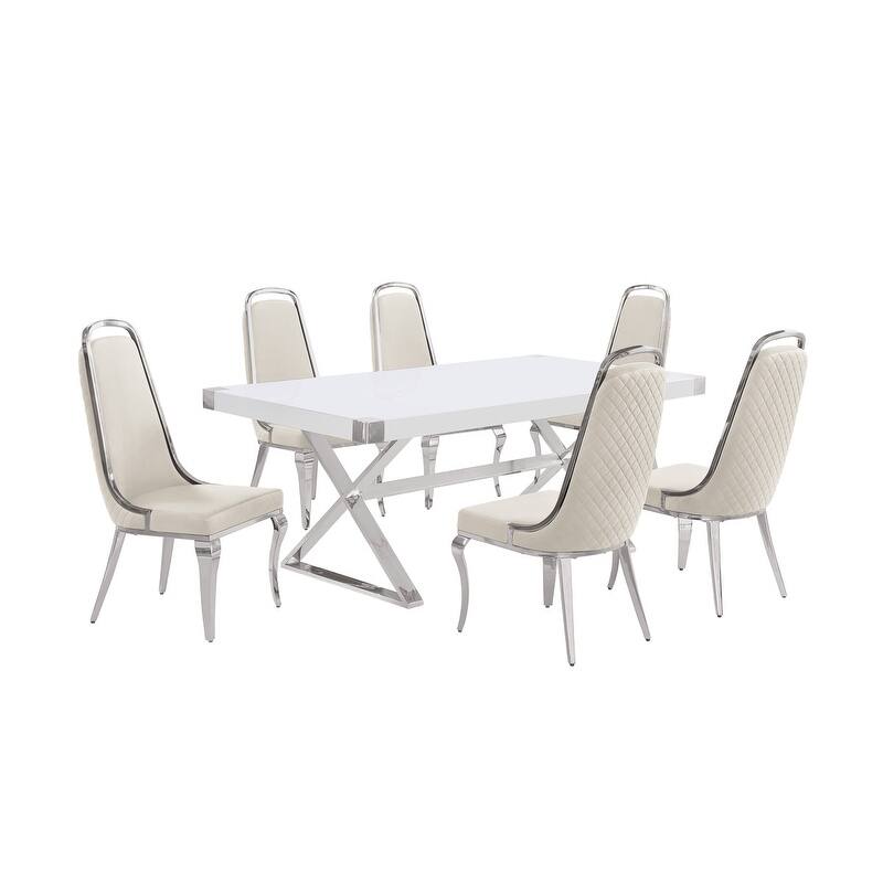 Best Quality Furniture D440/1-SC310-7 Dining Set with 78" White Lacquer Wood Top
