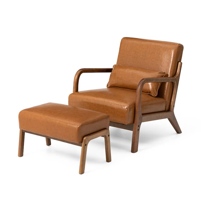Glitzhome 30.75"H Mid-Century PU Leather Armchair with Ottoman Set
