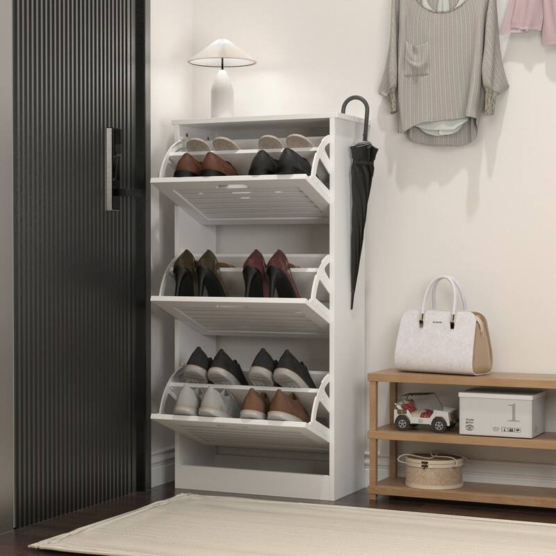 Wooden Shoe Cabinet for Entryway, White Shoe Storage Cabinet with 3 Flip Doors