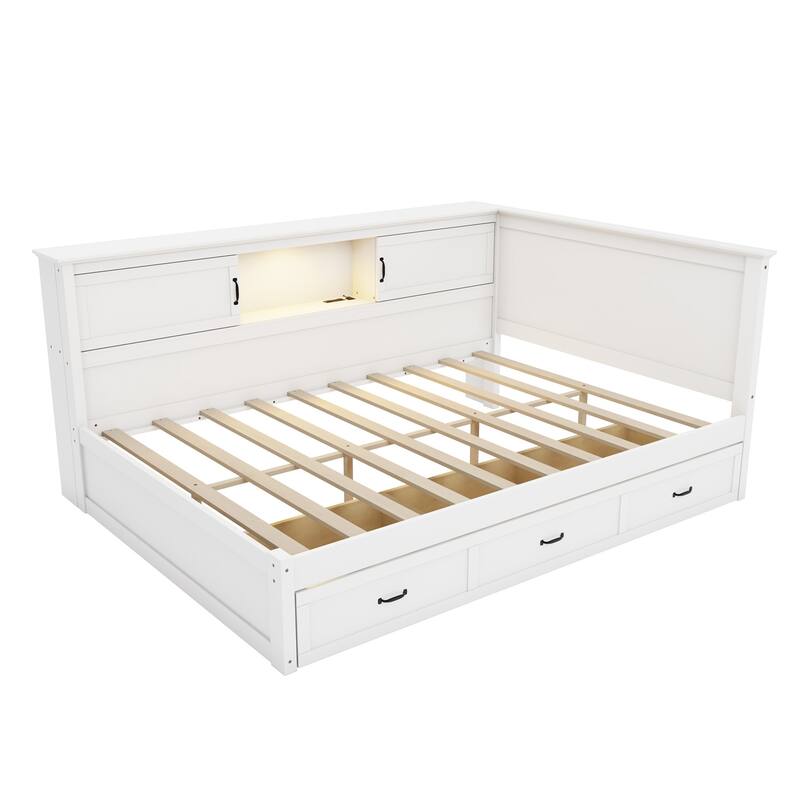 Twin/Full Size Wooden L-Shaped Corner Captain Bed Frame with Drawers