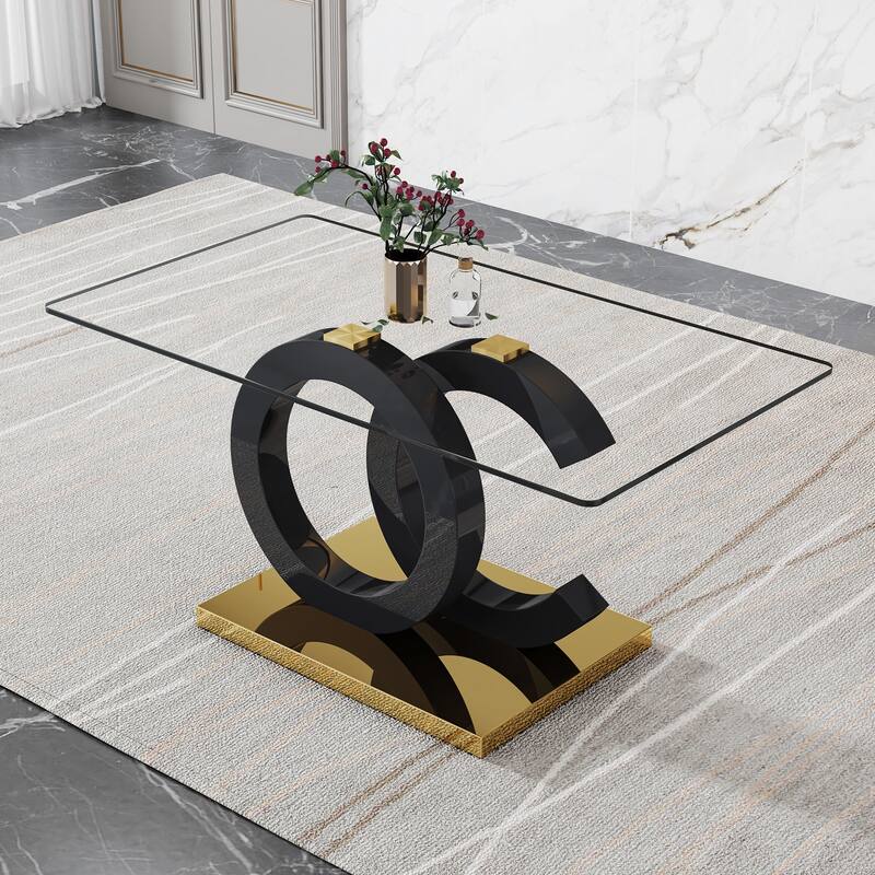 Contemporary Glass Dining Table‌ – Rectangular 6-8 Seater with 0.39" Tempered Glass Top, Black MDF Frame & Sturdy Metal Base - Black+Gold,Transparent