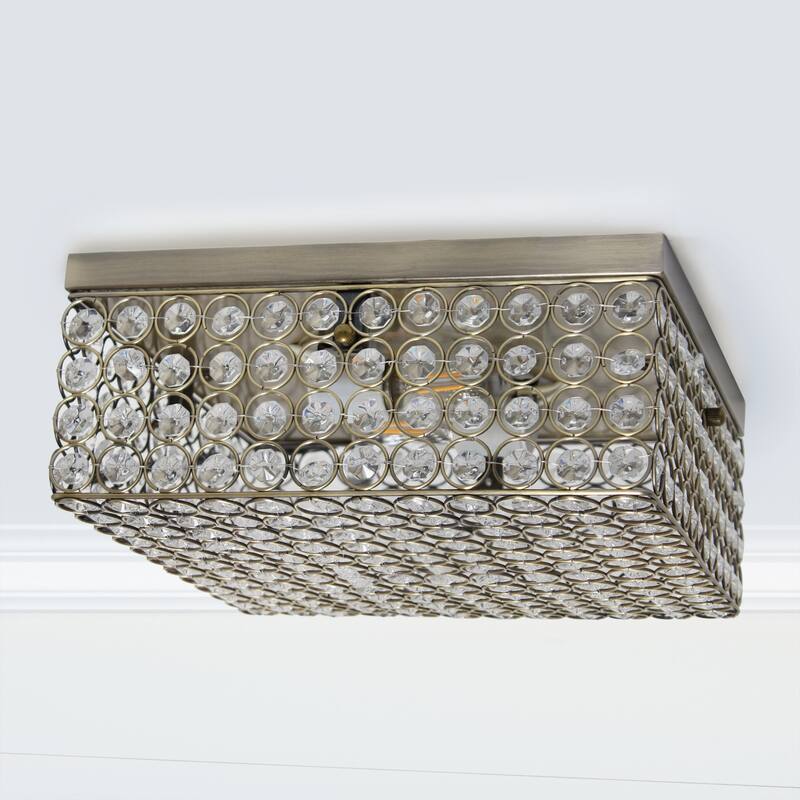 Two Light Decorative Square Crystal Flush Mount Ceiling Light Fixture - 12" - Bronze and Clear