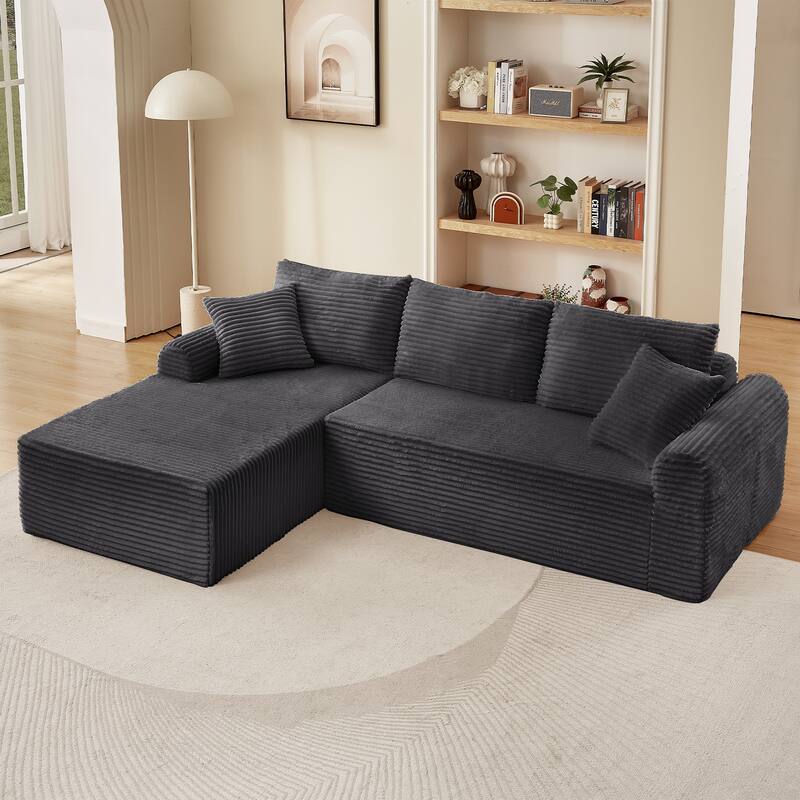 Modular Corduroy Sectional Sofa with Arched Armrests & Pillows, Modern L-Shape Upholstered Couches with Chaise for Apartment