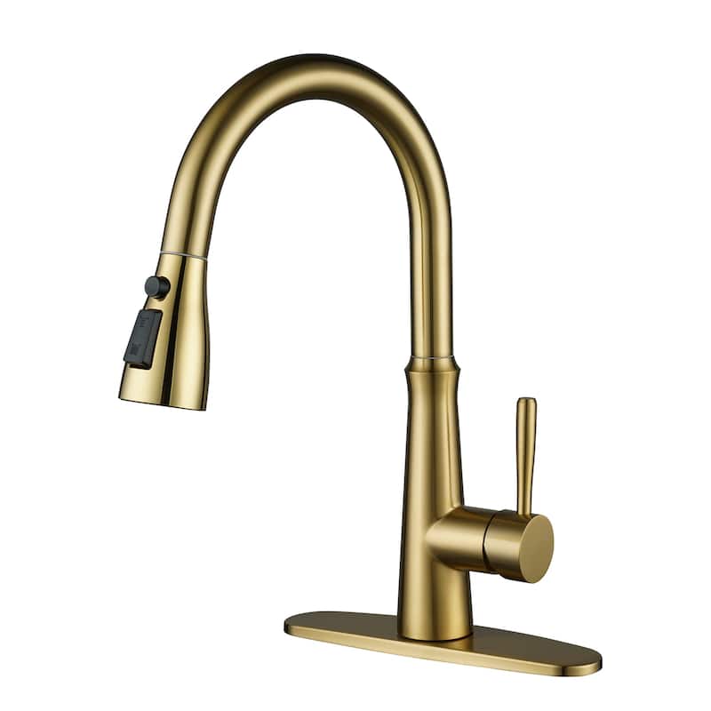 WOWOW Single Handle 3-Mode Pull Out Sprayer Kitchen Faucet - Without Soap Dispenser - Brushed Gold