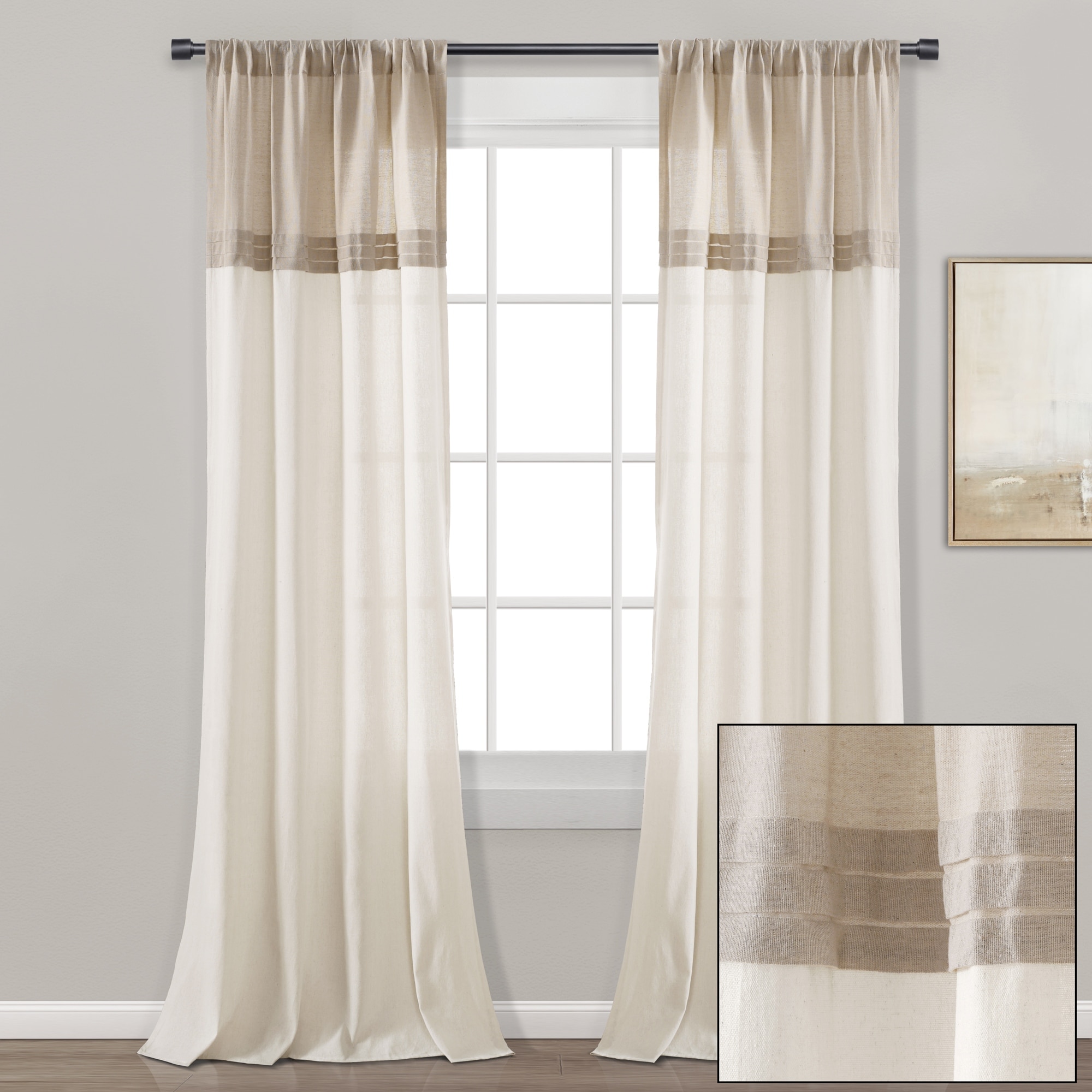Lush Decor Farmhouse Faux Linen Colorblock Pleated Window Curtain Panel Pair - 84" x 40"