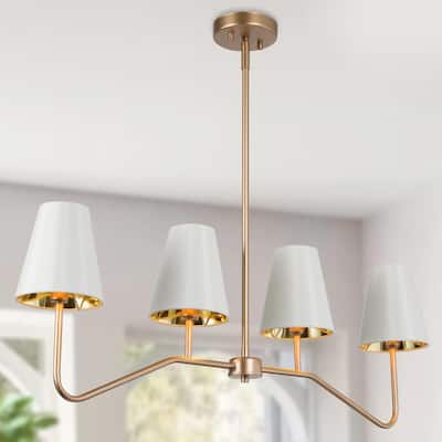 Modern 4-Light Gold White Chandelier Linear Island Lights with Fabric Shades - W35.5"xD5.5"xH12.6"