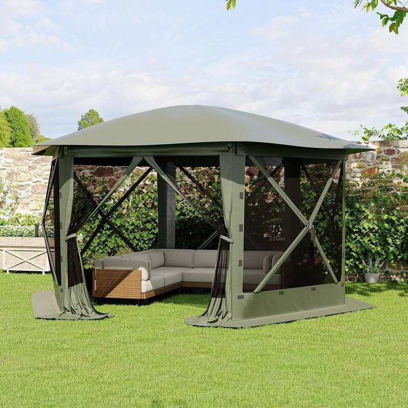 13FT Pop Up Gazebo Tent with 6 Removable Wind Panels for Outdoor Events, Camping, Patio, Backyard - N/A - Green