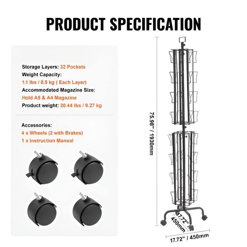 Rotating Greeting Card Display Rack with 32 Pockets & Wheels - 17.72 x 17.72 x 75.98 in