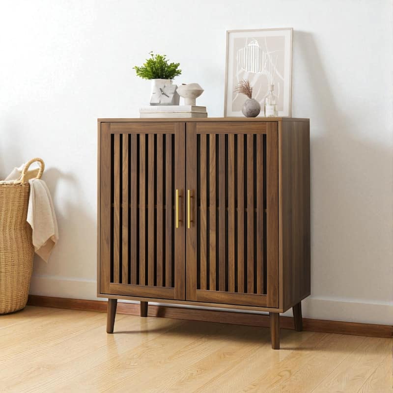 Farmhouse Sideboard Buffet Cabinet with Storage, Walnut Coffee Bar Cabinet with Louvered Doors & Adjustable Shelves