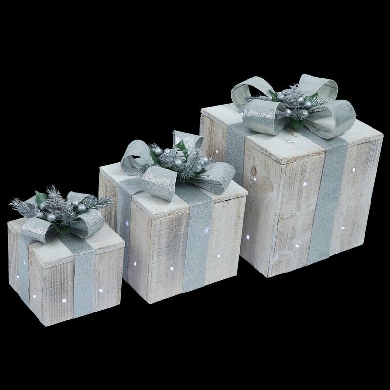 Alpine Corporation 3-Piece Decorative Wooden Christmas Gift Box Set with LED Lights