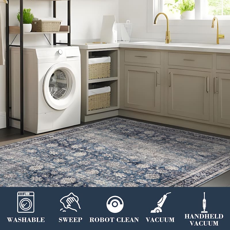 Area Rug Vintage Washable Floral Distressed Living Room Rugs, Soft Low Pile Non-Slip Rugs for Bedroom