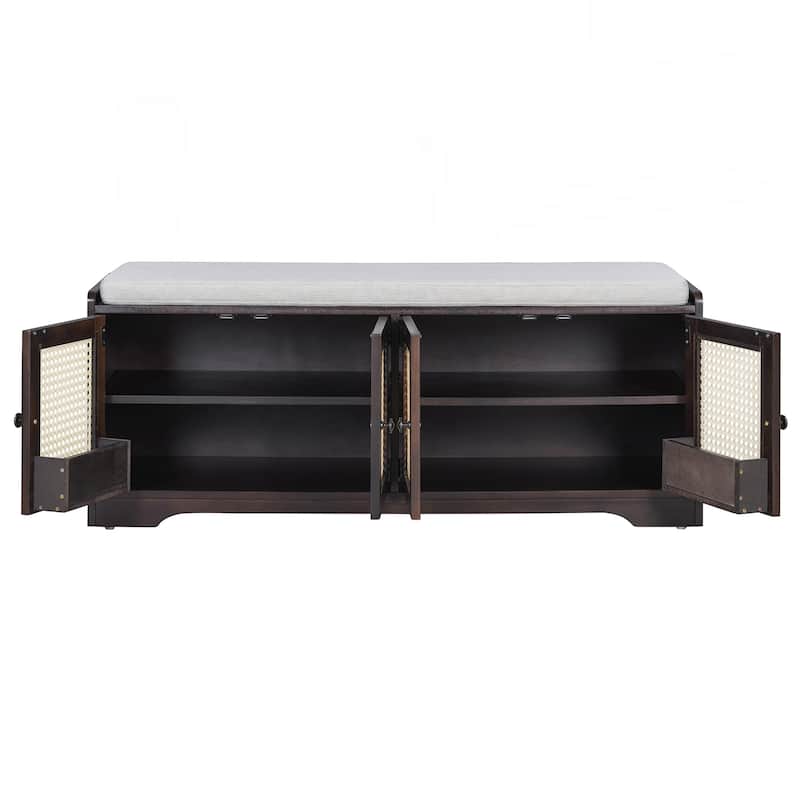 Rustic Storage Bench Multifunctional Wood Entryway Shoe Bench with Removable Cushion, Woven Rattan Doors & Adjustable Shelves