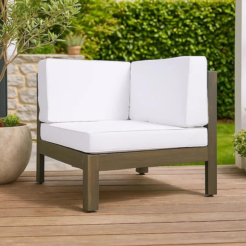 Lizzie Outdoor Corner Chair, Cross Back, White Fabric, Dark Gray Wood