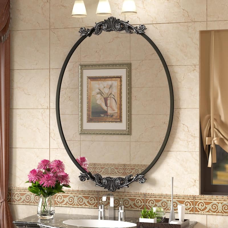 KIOTEE Oval Mirror and Metal Frame French Cleat Mounted Baroque Style Wall Decor Bathroom Vanity Mirror with 5-Year Warranty - 48x28 - Black