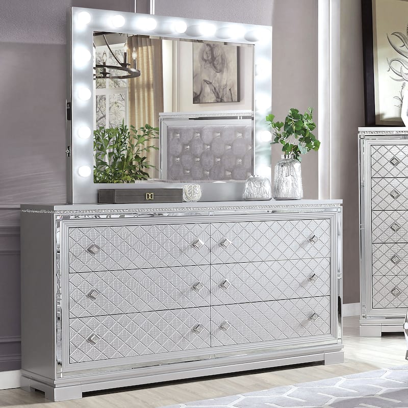 Seleena Glam Silver Wood 6-Piece Tufted Panel Bedroom Set with USB Port by Furniture of America