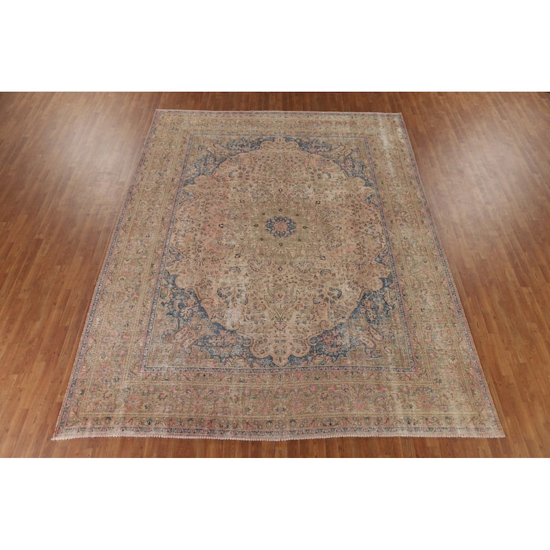 Distressed Pink Mashad Persian Antique Rug Hand-Knotted Wool Carpet - 9'8" x 12'5"