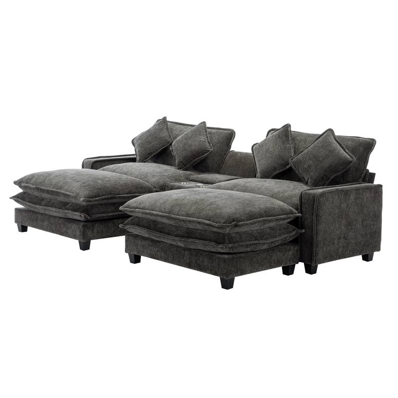 111" Chenille Sectional Sofa with 2 Ottomans, USB Ports and Storage - 4-Seater and Pocket Spring Cushions Cup Holders