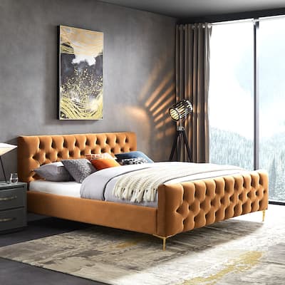 Bianca Mid Century Velvet King Platform Bed in Tan