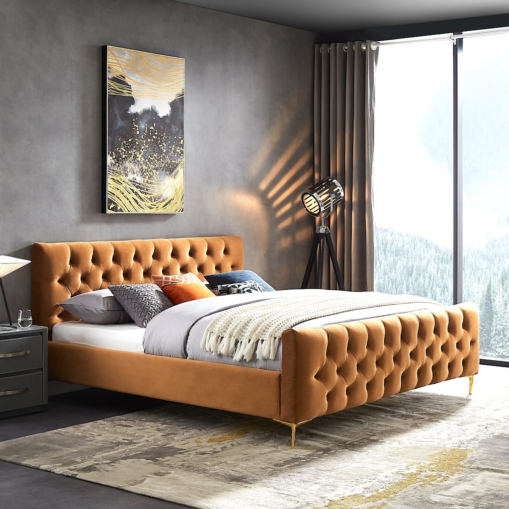 Bianca Mid Century Velvet King Platform Bed in Tan