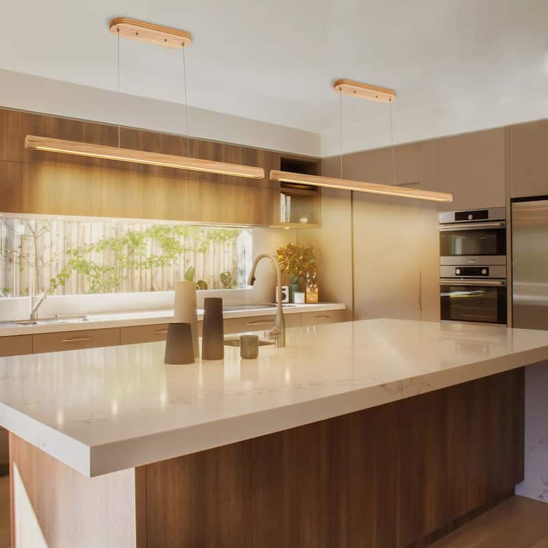 Starsky 1-Light Farmhouse Rustic Wooden Linear Pendant Integrated LED 3000K Kitchen Island Lights