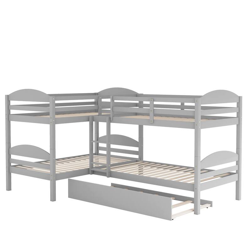 L-shaped Bunk Bed with Trundle for 5, Twin Over Twin Wooden Bed with Safety Guardrails, Space-Saving Design for Kids and Guests