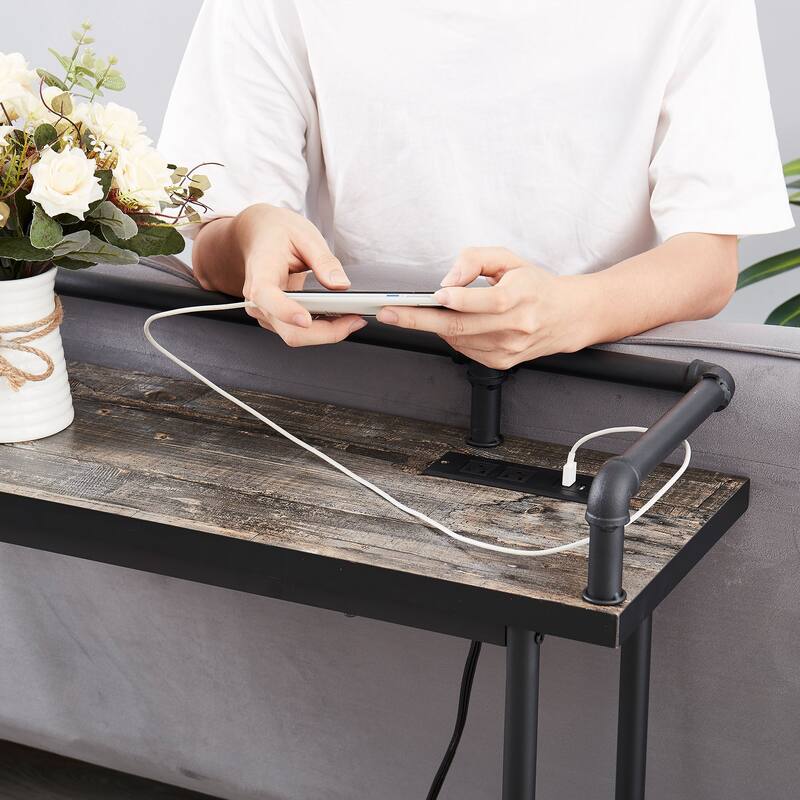 Mid Century Console Table with Power Outlet, Narrow Sofa Table, Sofa Couch Table with Charging Station USB Port