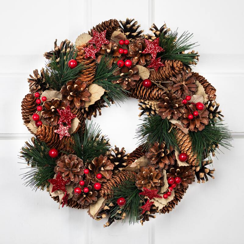 Pinecones and Glittered Stars Christmas Wreath - 13.5" - Unlit