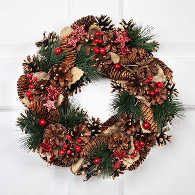 Pinecones and Glittered Stars Christmas Wreath - 13.5" - Unlit