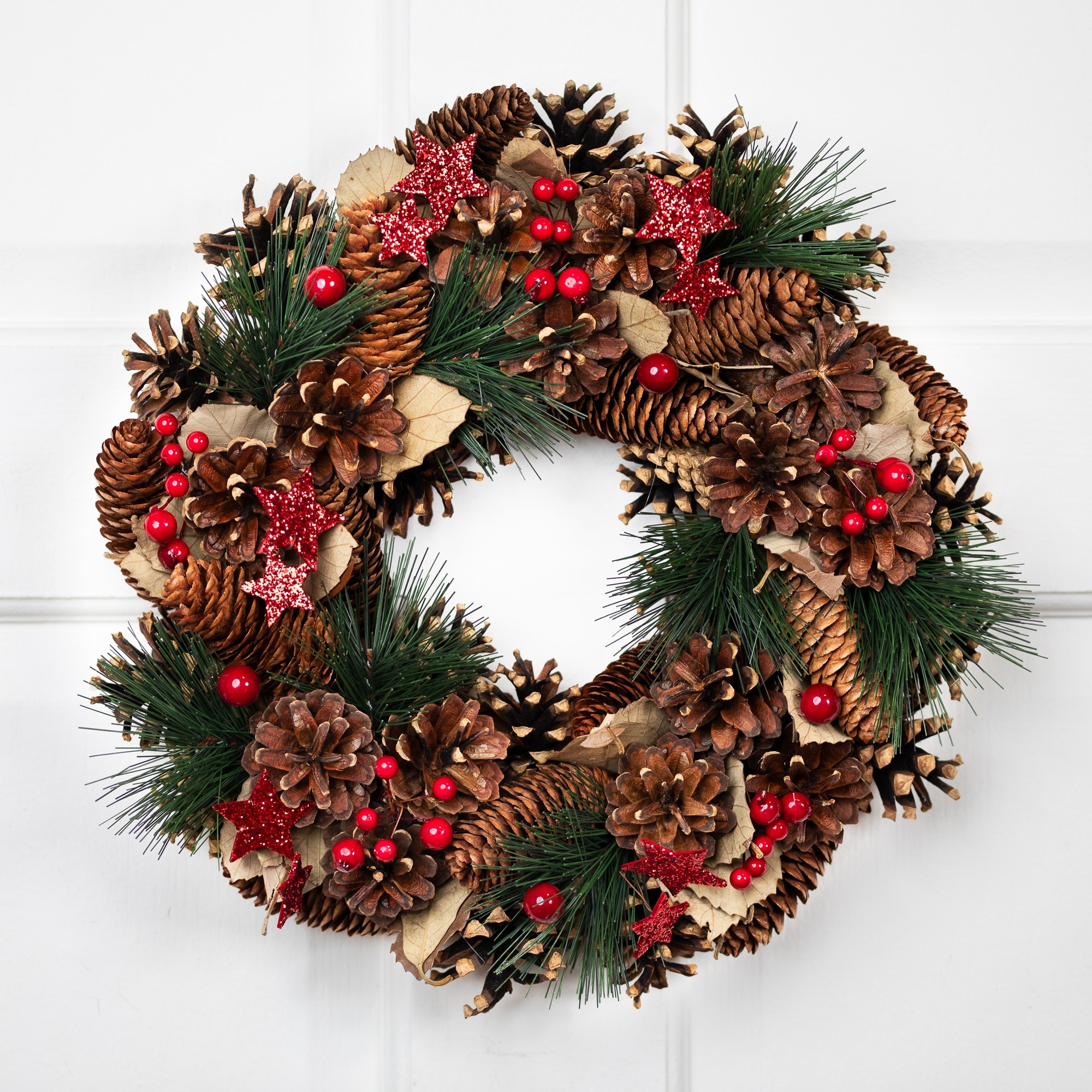 Pinecones Glitter Stars Small Artificial Christmas Wreath 13.5" Unlit