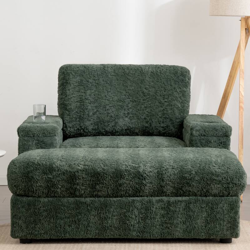 Oversized Single Sleeper Sofa Chair with Storage Ottoman, 42" Chaise Lounge for Livingroom Deep Seat Sofa Bed with Cup Holders - Green