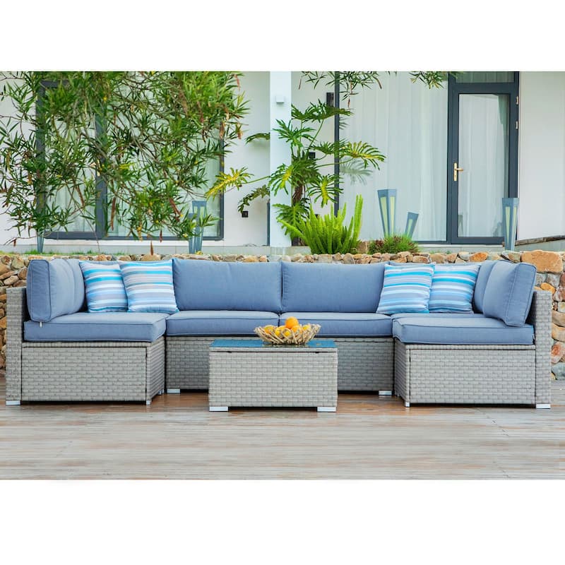COSIEST 7-Piece Outdoor Patio Sectional Wicker Sofa With Coffee Table