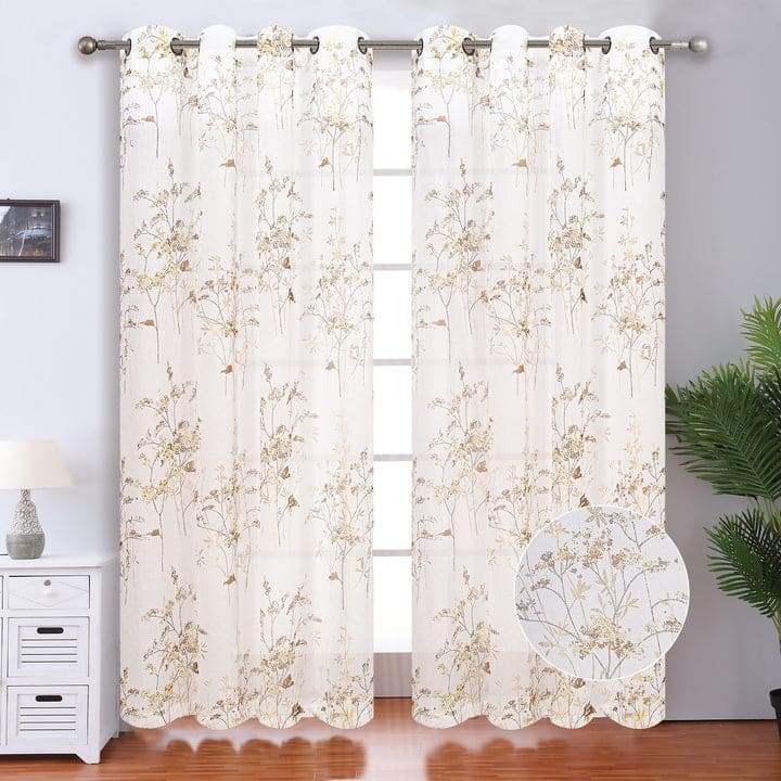 Cypress Metallic Foil Floral Grommet Window Curtain Panel, 54x84 Inches - 54x84 Inches - Brown