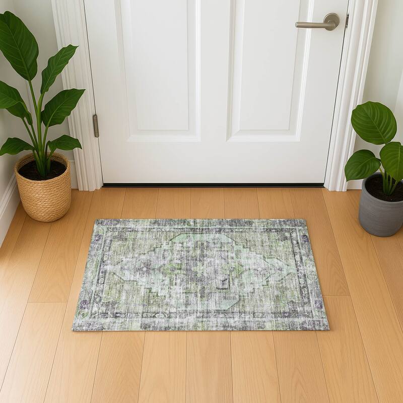 Premium Washable Super Soft Vintage Traditional Mayfield Rug - Aloe - 1'8" x 2'6"