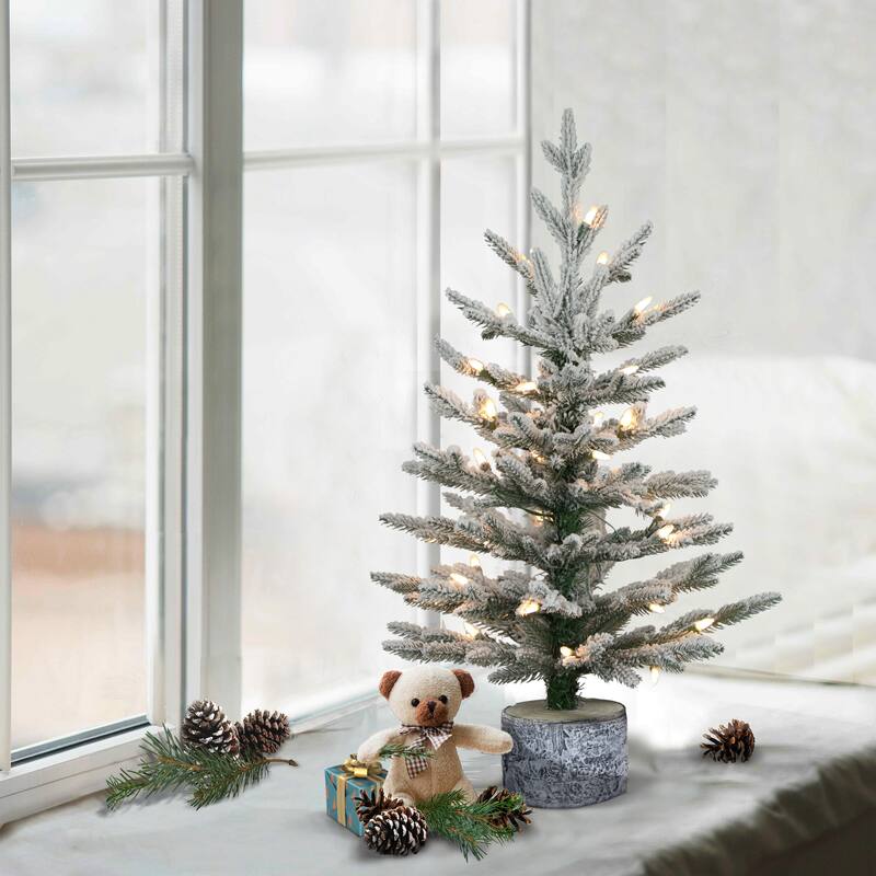 Puleo International Pre-Lit 2' Potted Flocked Pencil Arctic Fir Artificial Christmas Tree - Green