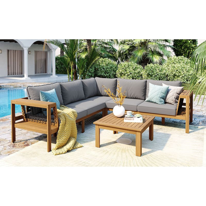 Roomfitters 4-Piece Outdoor Sectional Sofa Set with Coffee Table and Built-in Side Shelves, Wood Frame