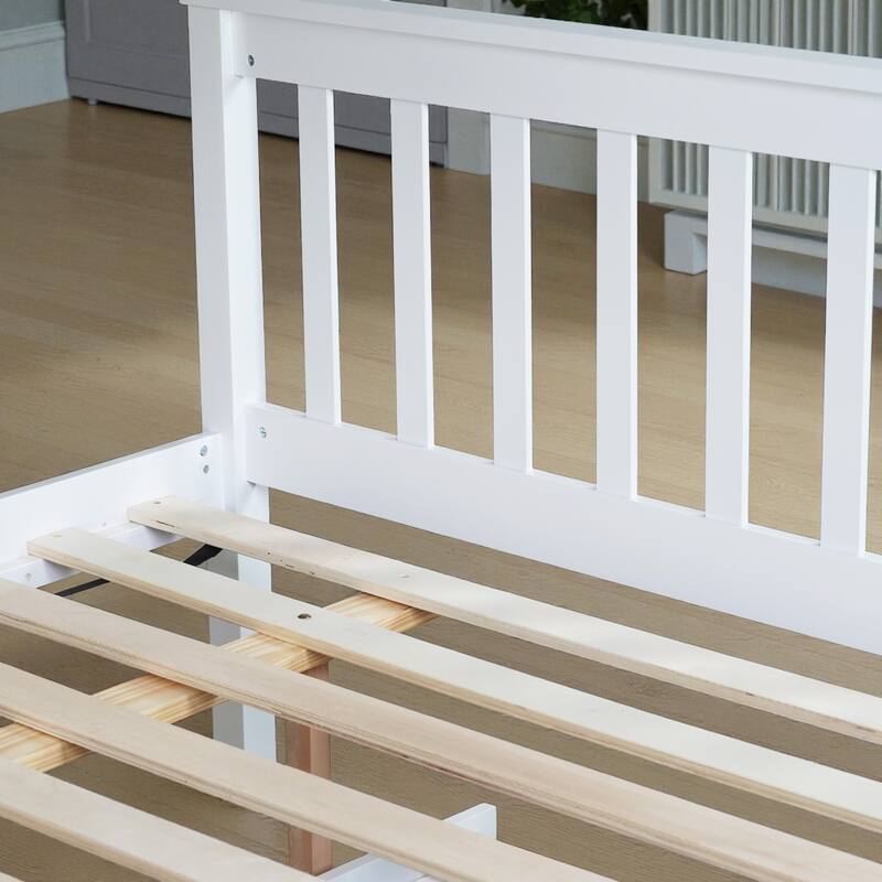 Twin Over Full Rubber Wood Bunk Bed with Twin Trundle, Convertible Ladder, Detachable Design, and Safety Guardrails