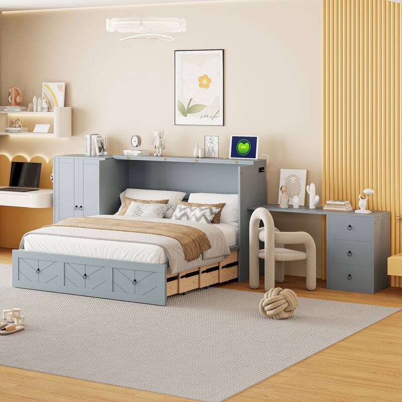 Multifunctional Queen Murphy Bed with USB, Wardrobe, and Desk - Cabinet Bed with Ample Storage - Grey