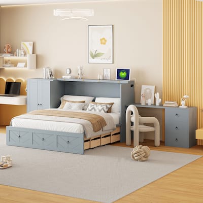 Queen Murphy Bed with Built-In Desk, Wardrobe, USB Charging, and Spacious Storage Drawer, Multifunctional Cabinet Bed