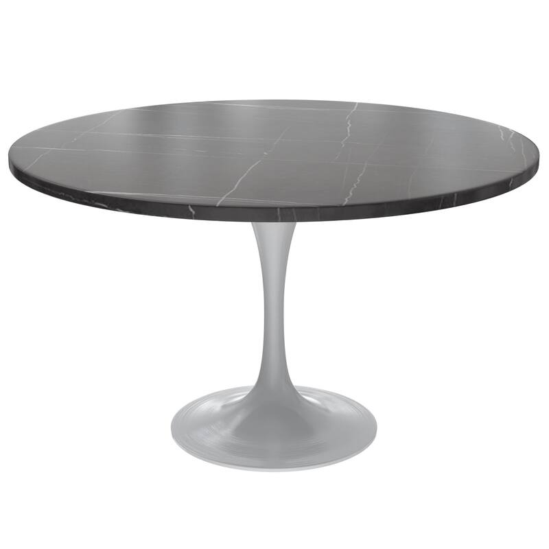 LeisureMod Verve 48" Round Dining Table with Stone TableTop and White Steel Base for Kitchen & Dining Room - Black