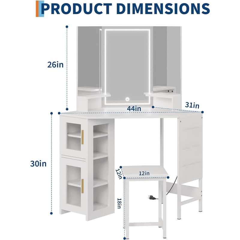 Corner Vanity Desk and Stool, Makeup Dressing Table Set with Light Mirror