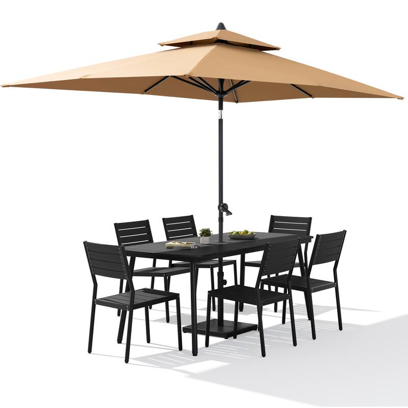 9-Piece Outdoor Dining Set Rectangular Aluminum Table and Stackable Chairs with Umbrella and Base