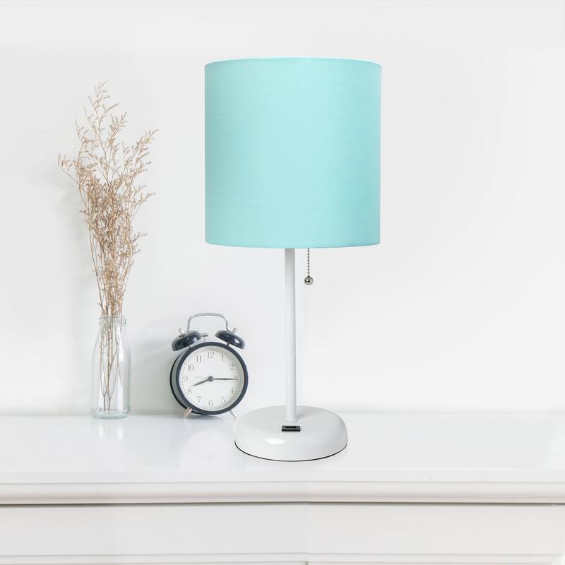 19.5 in. White Finish Table Lamp with Blue Shade, Durable Stick Lamp for End/Side Tables