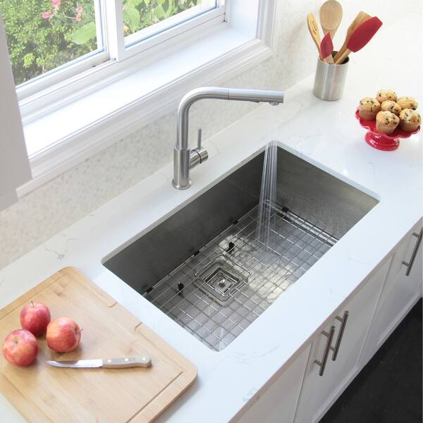 slide 2 of 24, STYLISH 30 inch Stainless Steel 16G Undermount Kitchen Sink with Grid - Brushed Stainless Steel - 30" x 18" x 10"