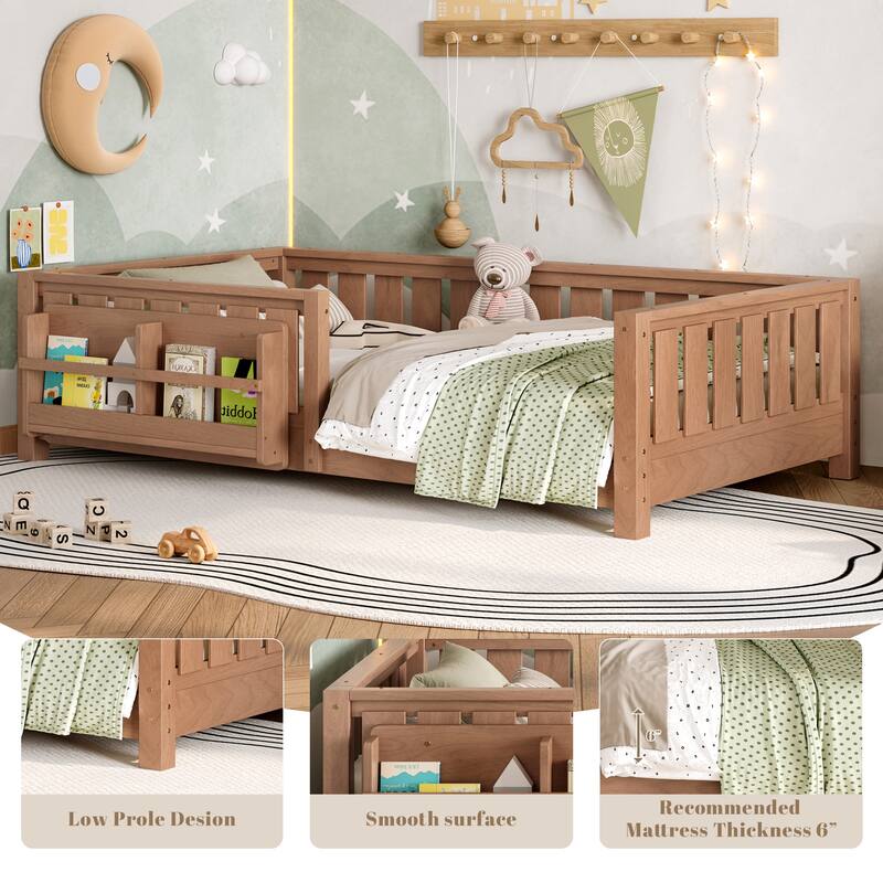 Montessori Floor Bed Low Profile Kids Bed with Rails & Bookshelf