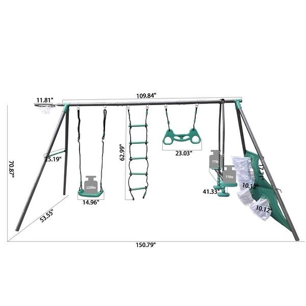 Blackish Green Interesting Four Function Swing Set with Face to Face Metal Plastic Safe Swing Seat for Outdoor Playground