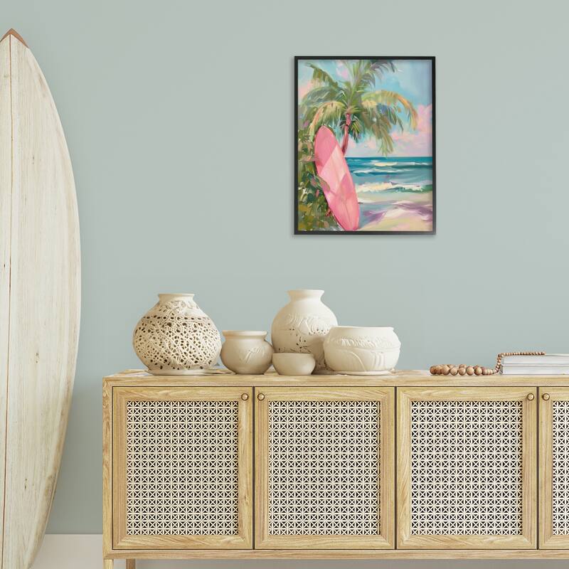 Stupell Pink Surfboard on Beach Framed Giclee Art Design By Arlington Prints