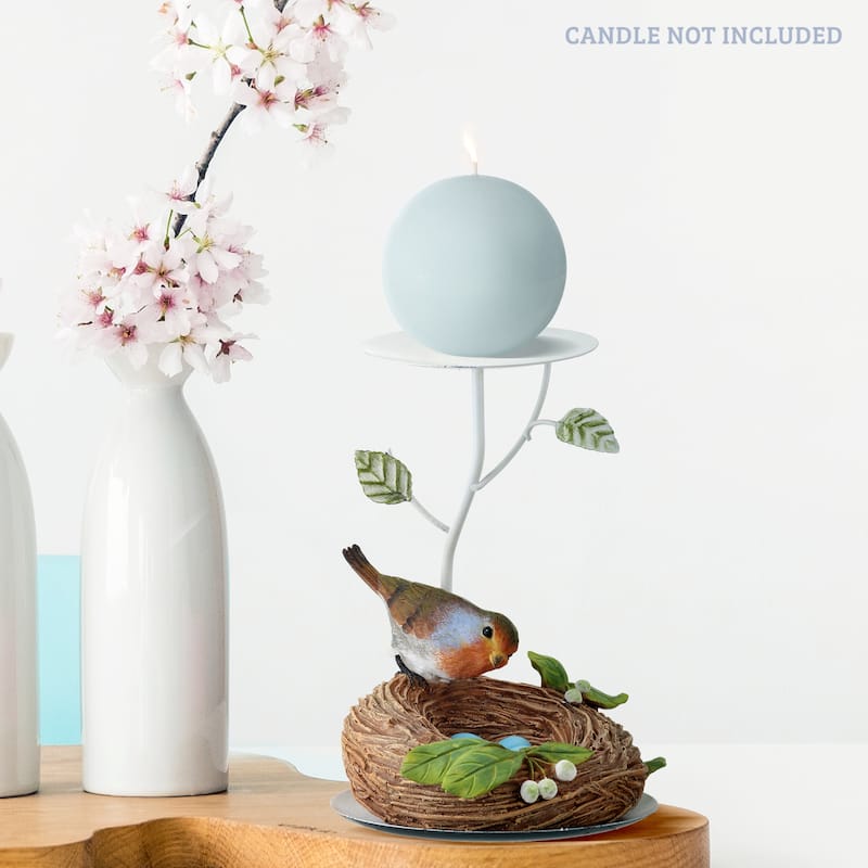 8" Resin and Metal Bird and Egg Nest Pillar Holder